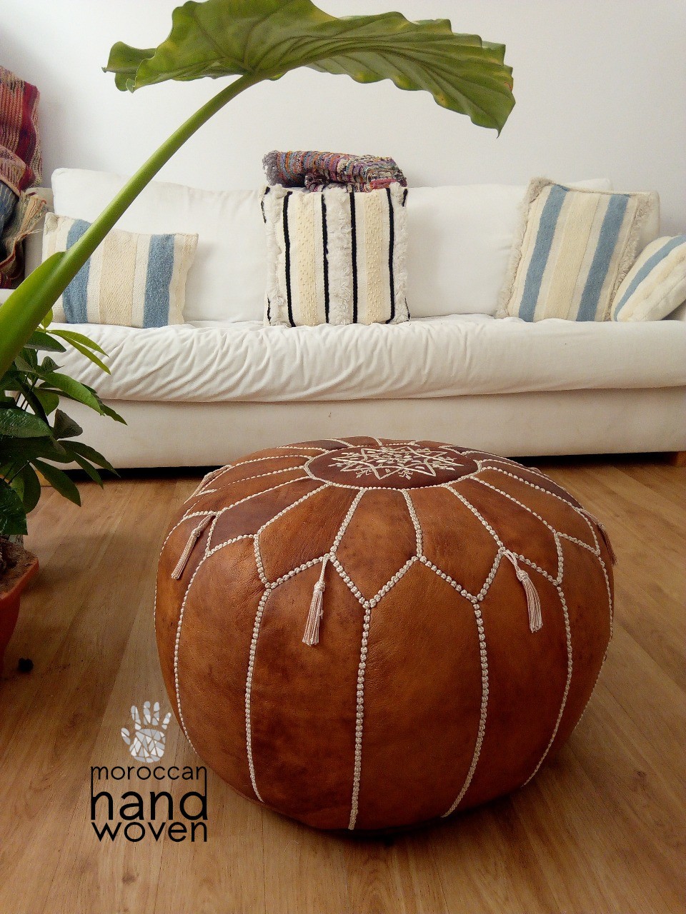 2x moroccan pouf Leather Ottoman Footstool Handmade tan & white Crafted and Home 