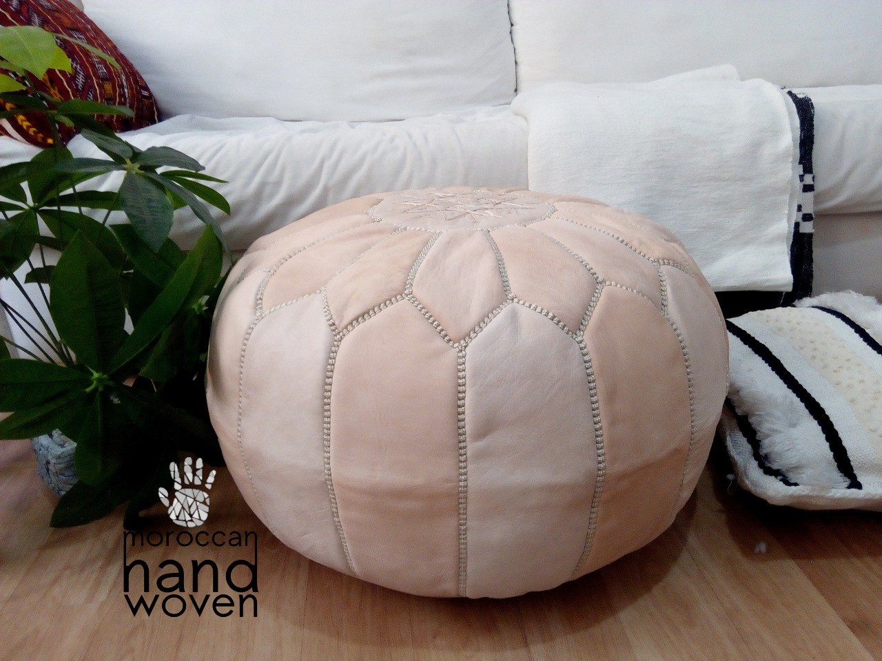 Natural shop leather pouf