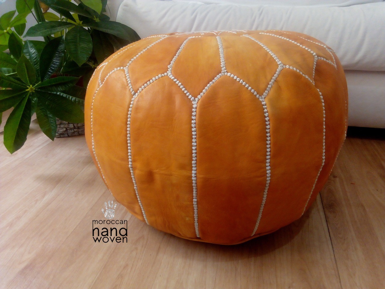 Woven top leather pouf