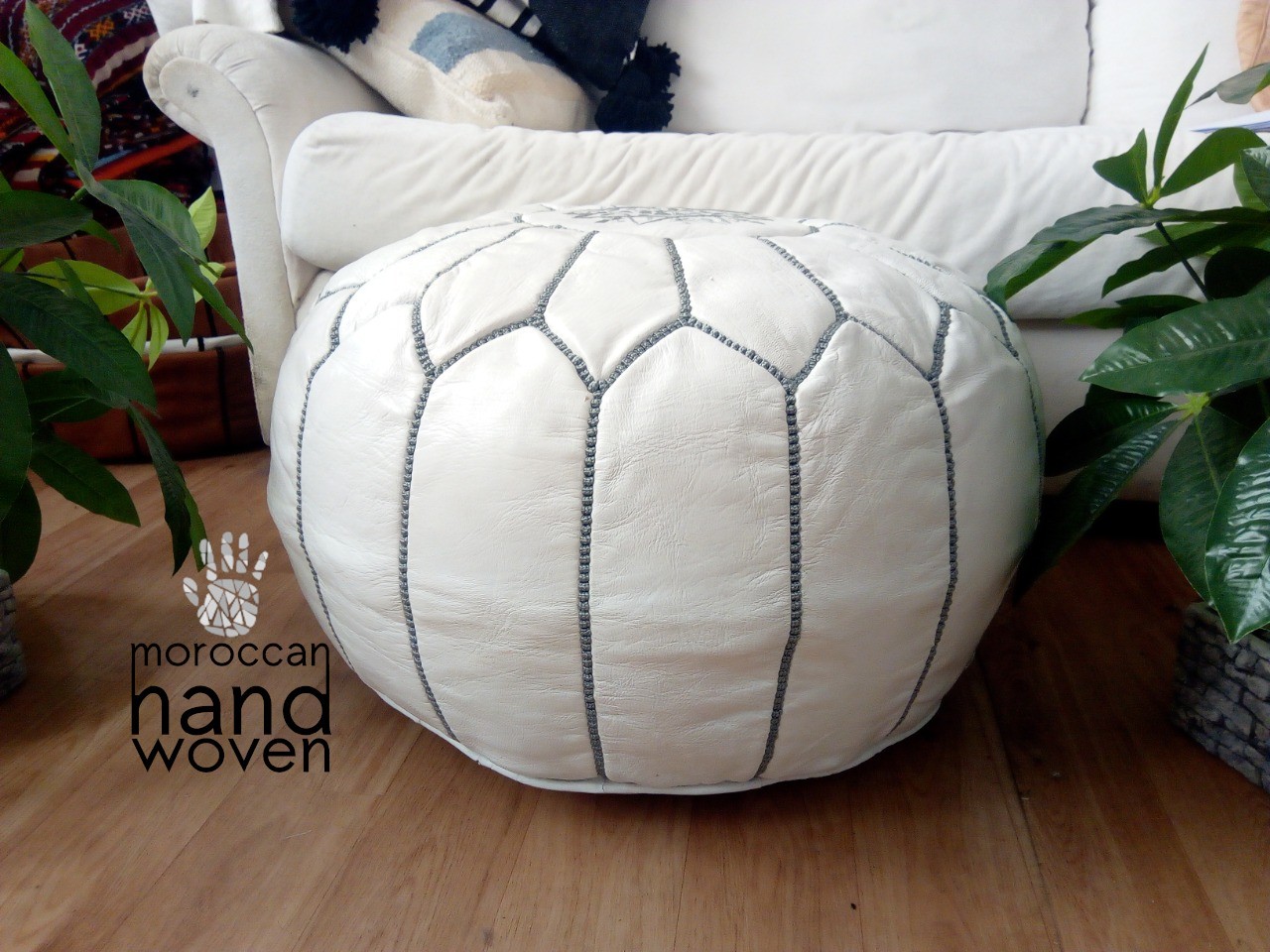 Moroccan white POUF grey Stitching Leather Unstuffed pouf