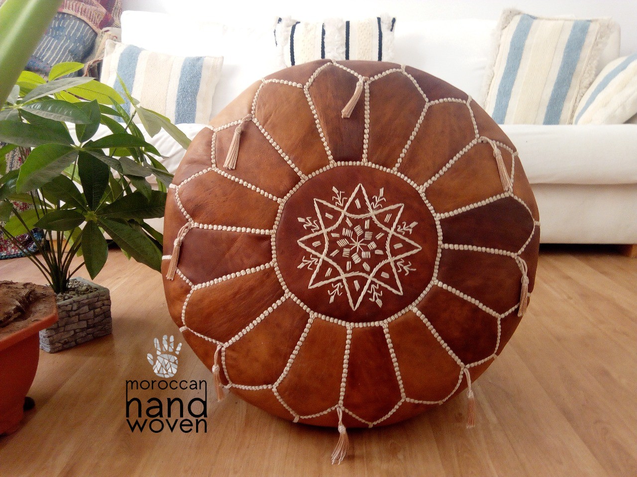 Moroccan Genuine Leather Pouf White Floor Cushion 