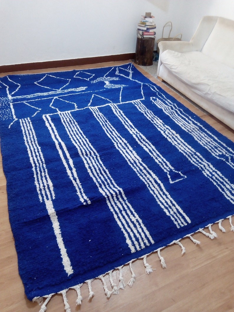 Moroccan Beni Ourain style Handwoven Rug blue carpet pattern