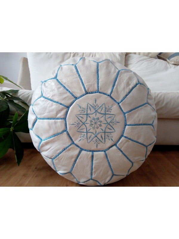 Moroccan white POUF light blue Stitching