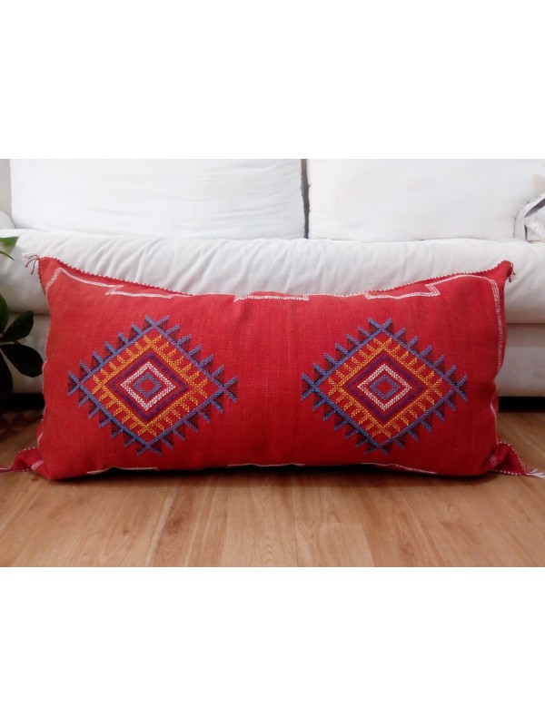 LUMBAR Sabra silk large Moroccan sabra CACTUS cushion - red pillow - white yellow blue pattern
