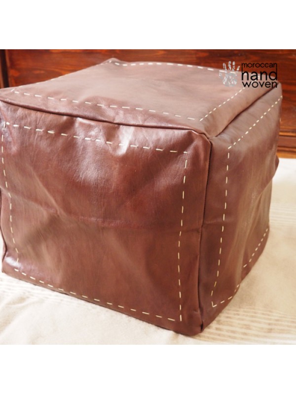 Square leather Dark Brown pouf