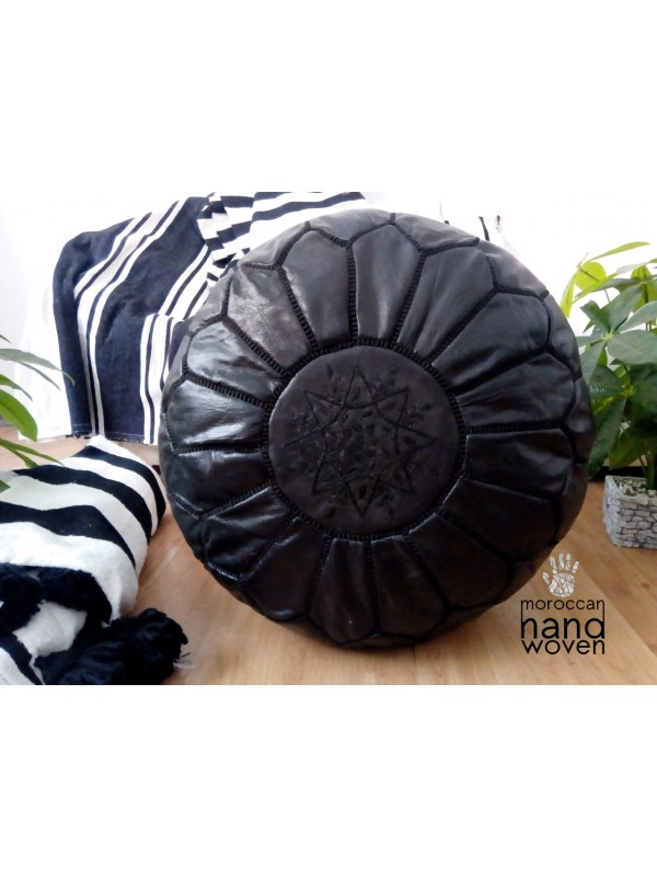 Black Moroccan Leather Pouf