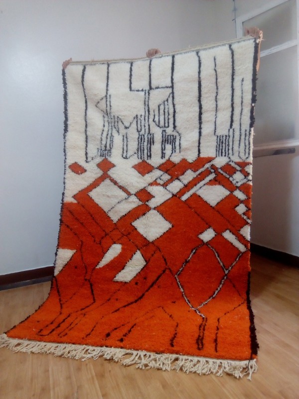 Moroccan hand woven beni ourain style - Orange rug - hand woven Moroccan rug -Wool