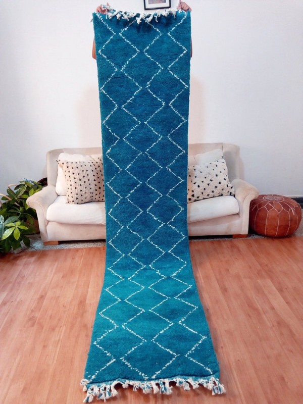 Wool Runner carpet - Blue Pattern -  Hand Woven Carpet from morocco - 300 X 70cm