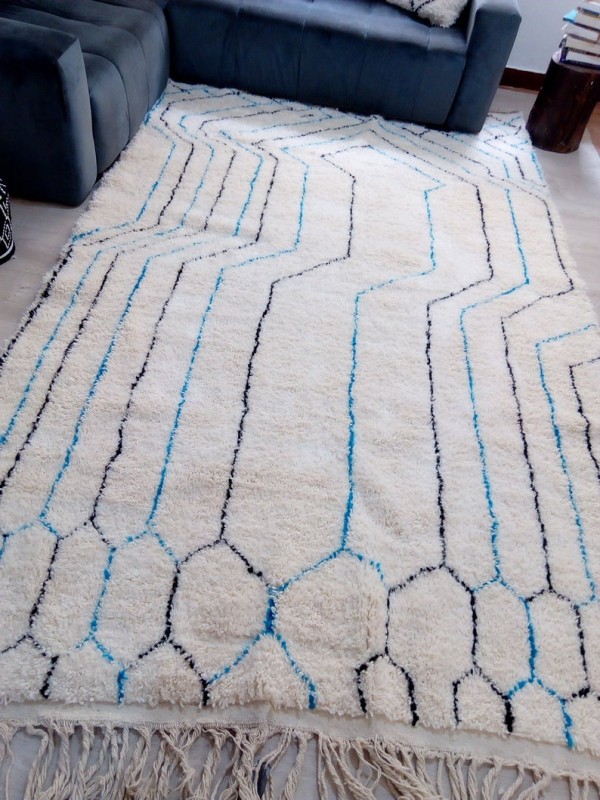 Beni Ourain Style - Black Light Blue Design - Moroccan Carpet - Full Wool 