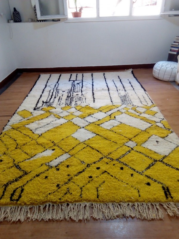 Moroccan hand woven yellow patterns rug - Beni Ourain Style- Wool