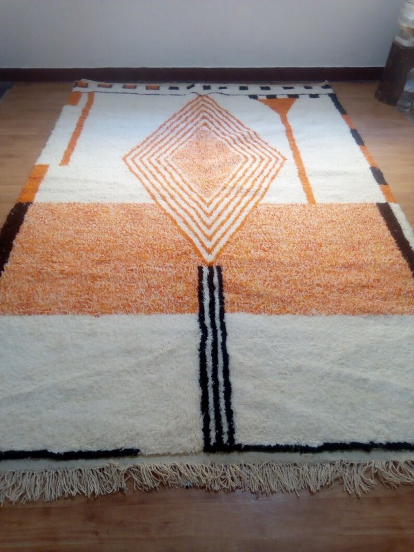 Moroccan Hand Woven Rug - Beni Ourain Style - Orange Design Carpet - Wool 