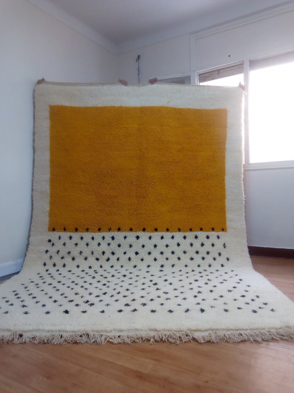 Moroccan hand woven yellow patterns rug - Beni Ourain Style- Wool