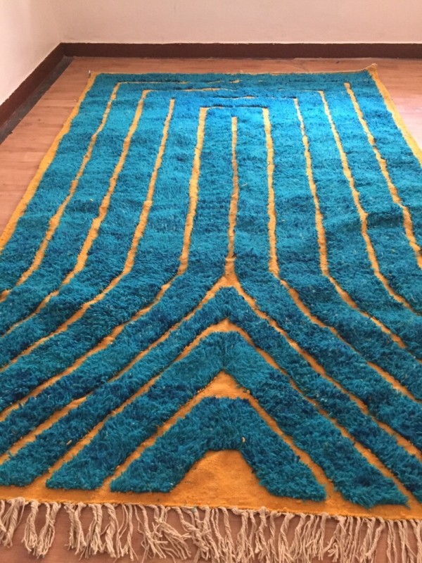 Moroccan hand woven Turquoise patterns rug - Beni Ourain Woven - Wool