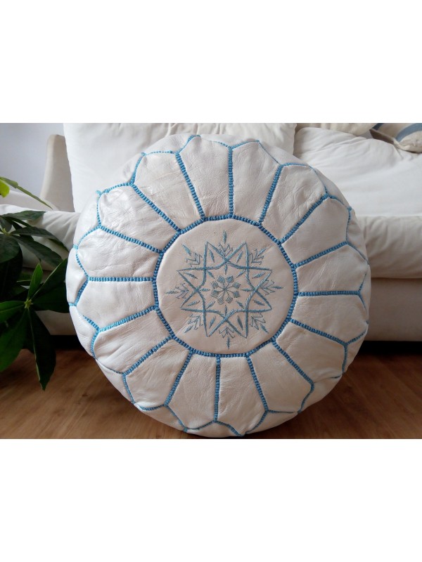 Moroccan white  POUF light blue Stitching - Leather Unstuffed pouf