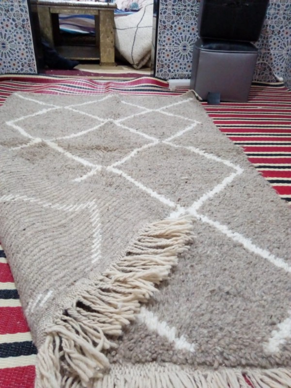 Moroccan Beni Ourain Colorful - light Brown  + White  - Shag Pile - Full Wool - 185 X 112cm
