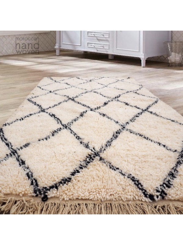  Moroccan Rug - Beni Ourain Tribal Rug - Shag Pile - Natural Wool -220 X 130cm