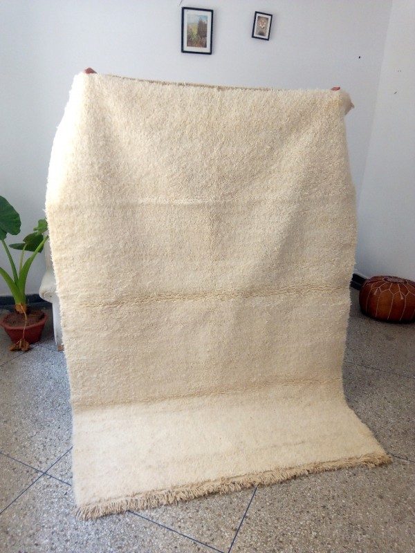 Beni Ourain Rug - Full White (Yellowish)  - Shag Pile - Natural Wool - 240 X 157cm