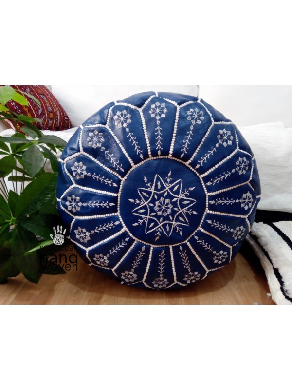 Moroccan Dark Blue Color - with white Stitching - Leather Pouf ottoman pouf