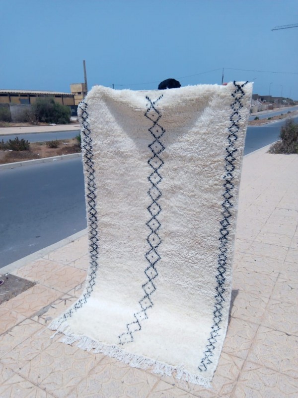Beni Ourain Rug - Full White - Shag Pile - Natural Wool - 225 X 130cm