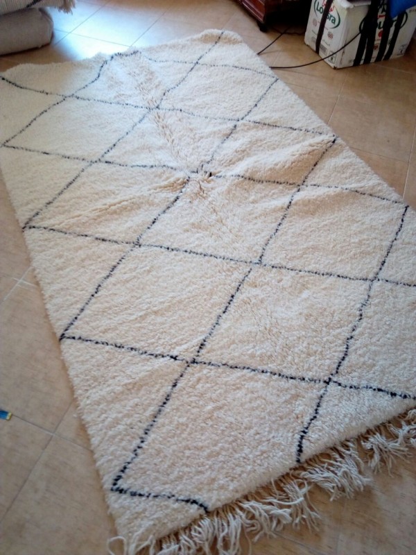 Beni Ourain  Rug with Diamond Pattern - Tribal Rug - Shag Pile - Natural Wool - 233 X 144cm