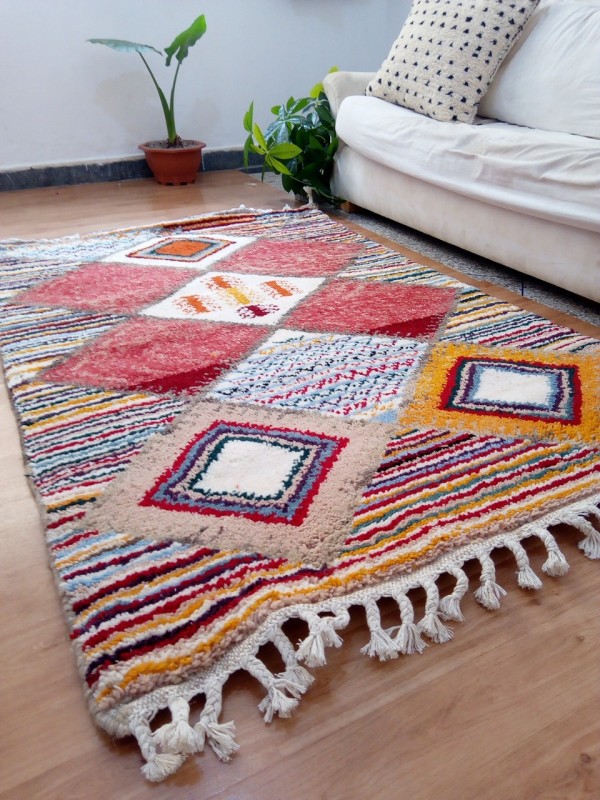  Moroccan Hand Woven Rug - Beni Ourain Style - Colored Pattern Carpet  - Wool - 180 X 120cm