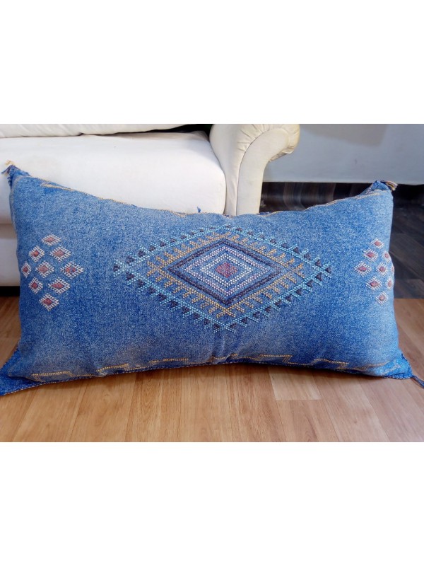 LUMBAR Sabra silk Moroccan sabra  large CACTUS cushion - Blue Jeans pillow unstuffed 