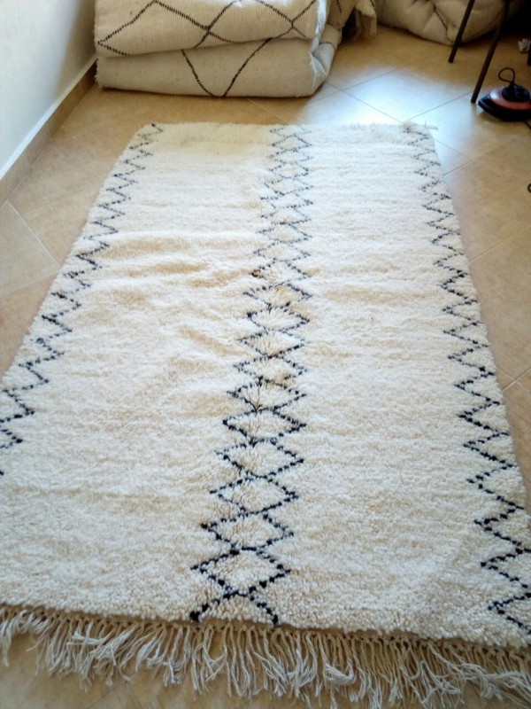 Beni Ourain  Rug with Diamond Pattern - Tribal Rug - Shag Pile - Natural Wool - 213 X 133cm