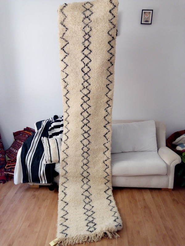 Moroccan Berber Carpet - Beni Ourain Runner Rug - Shag Pile -  Wool - 300 X 70cm