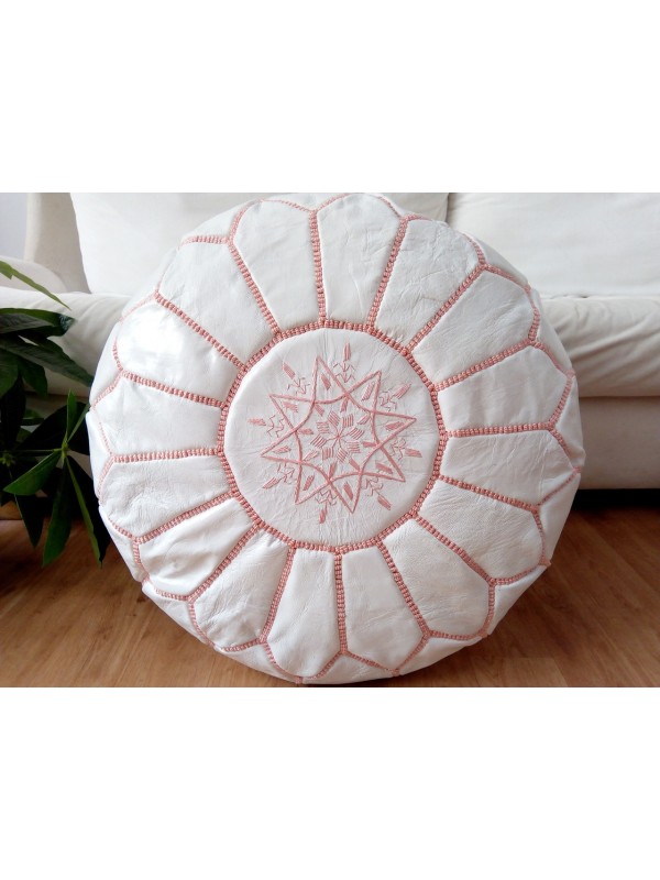 Moroccan white  POUF light pink Stitching - Leather Unstuffed pouf