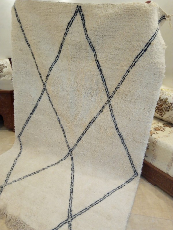 Moroccan Colorful Beni Ourain - Black diamond stripes- Shag Pile - Full Wool - 255 X 160cm