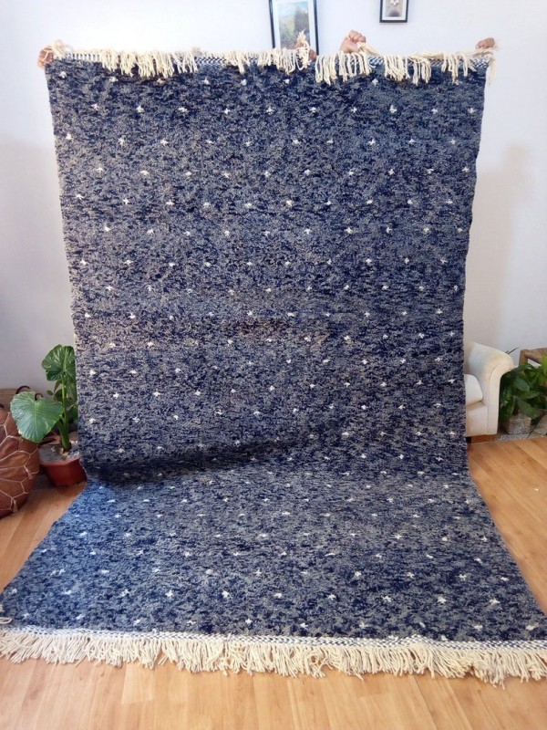 Moroccan hand woven beni ourain style - dots rug - gray & dark blue skye with starts - Wool carpet 320 X 199cm