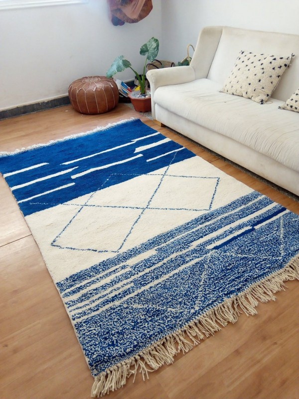 Moroccan Beni Ourain style - Handwoven Rug - blue carpet pattern - Wool - 215 X 140cm