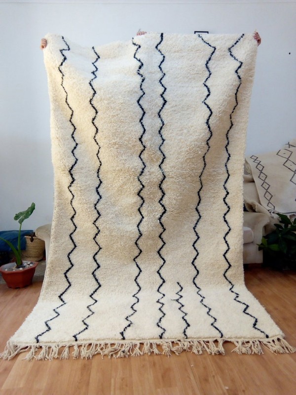 Beni Ourain Style - Moroccan Rug - Black Waves lines - Handmade Carpet - wool 275x160 CM