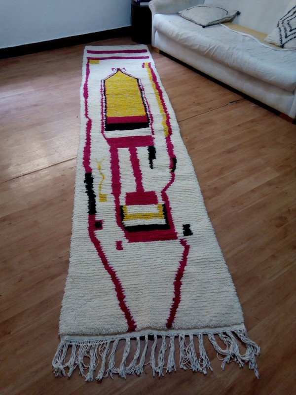 Moroccan Runner Carpet - Art Design -  Beni Ourain Style - Full Wool - 340 X 77cm