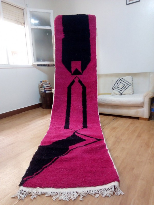 Moroccan Runner Carpet - Art Design -  Beni Ourain Style - Full Wool - 368 X 85cm