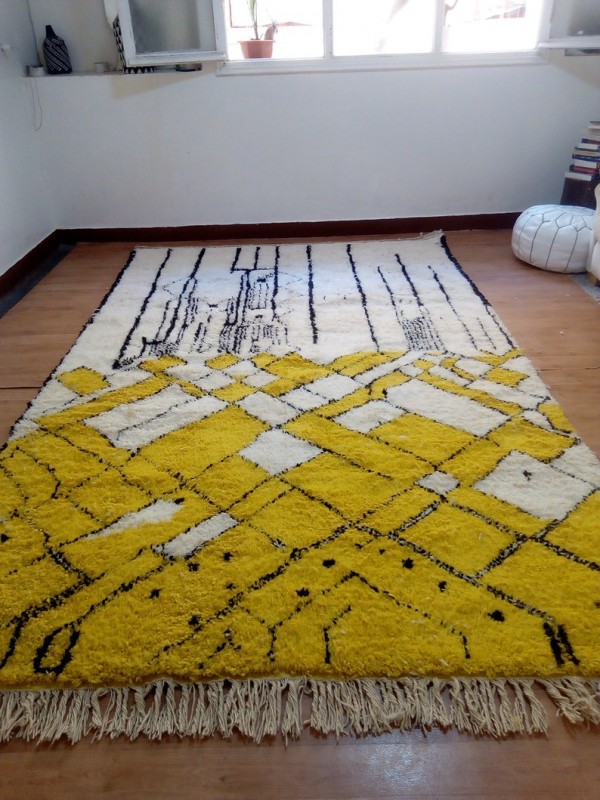Moroccan hand woven yellow patterns rug - Beni Ourain Style-  Wool - 322 X 200cm approx