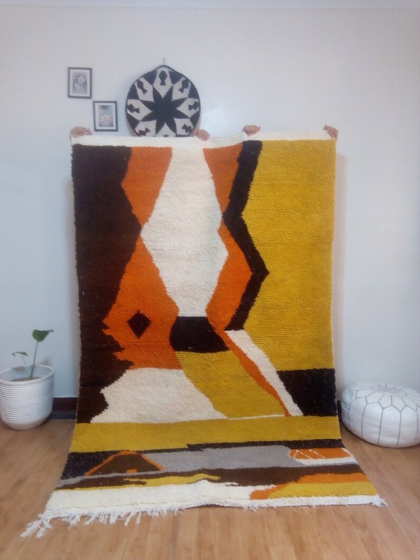 Moroccan hand woven yellow patterns rug -Handmade carpet -  Wool - 248 X 162cm approx
