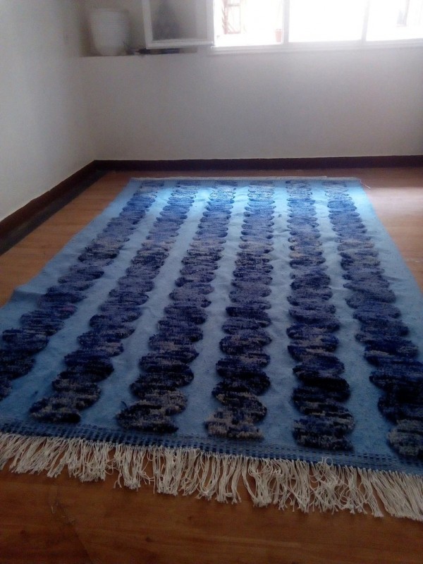  Moroccan Hand Woven Rug  - Blue Navy Design Carpet  - Wool - 300 X 196cm