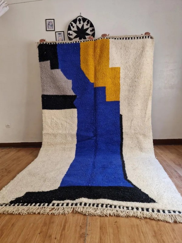 Moroccan hand woven blue & yellow touch rug - Beni Ourain Woven - Full Wool - 326 X 191cm