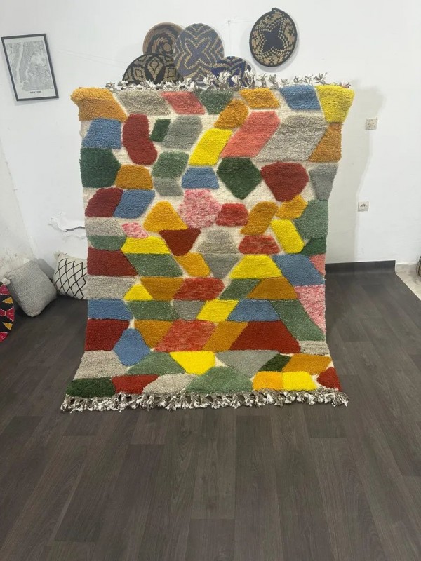  Moroccan Hand Woven Rug - Colored Pattern Carpet  - Wool - 192 X 153cm