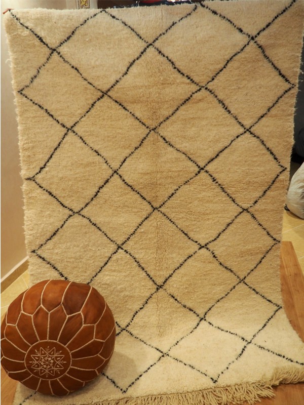 Moroccan beni ourain rug - authentic  yellowish white black rugs - Natural Wool - 229 X 148cm