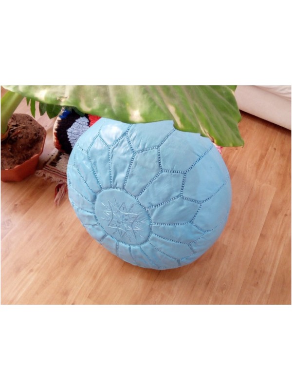 Moroccan POUF  Leather  - Light Blue  -  Unstuffed pouf