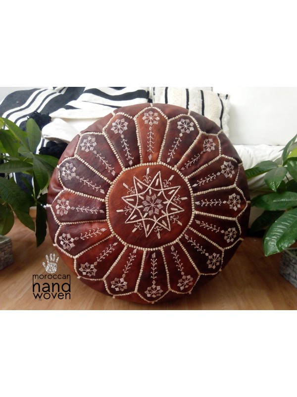 Moroccan Tan dark Leather  pouf with embroidered design, Ottoman ,Footstool Leather Round Poufs Pouffe Pouffes puff -  unstuffed Poof