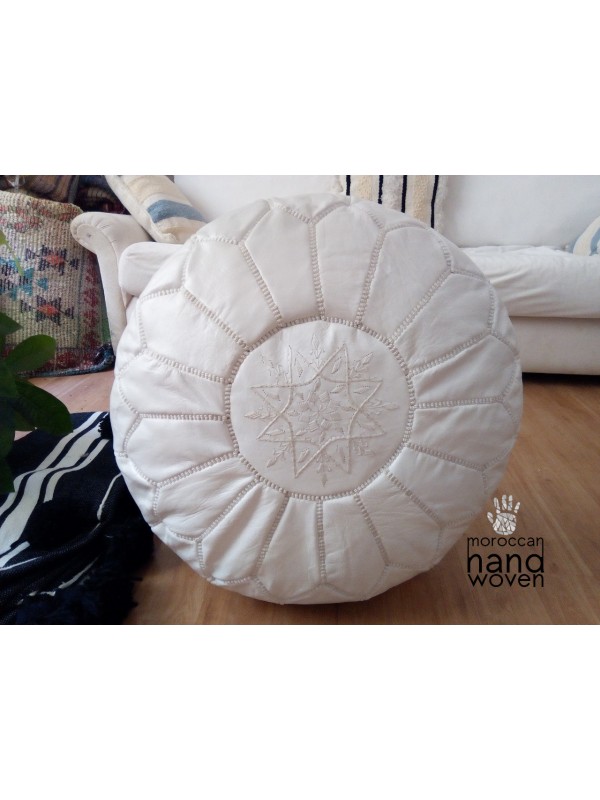 Moroccan White POUF - Ottoman pouf with White Stitching -  Unstuffed pouf
