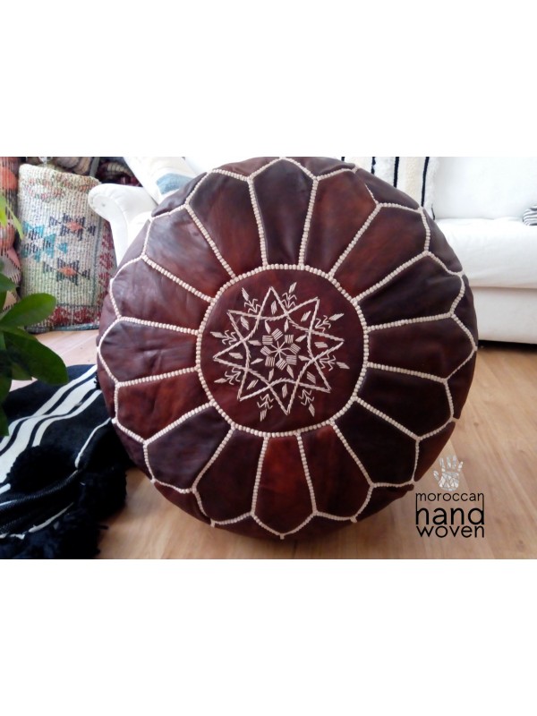Moroccan oiled dark  POUF white Stitching - Leather Unstuffed pouf