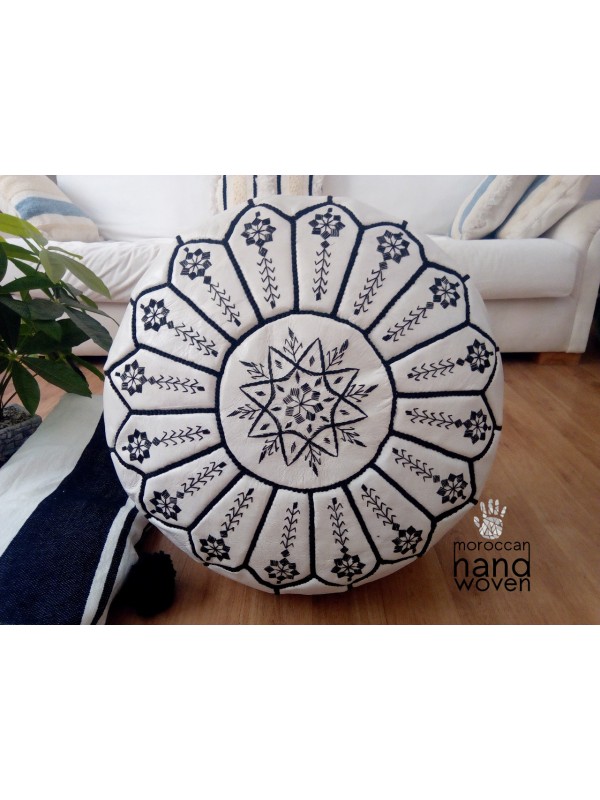 Moroccan white POUF black Stitching - embroidered design - Leather Unstuffed pouf