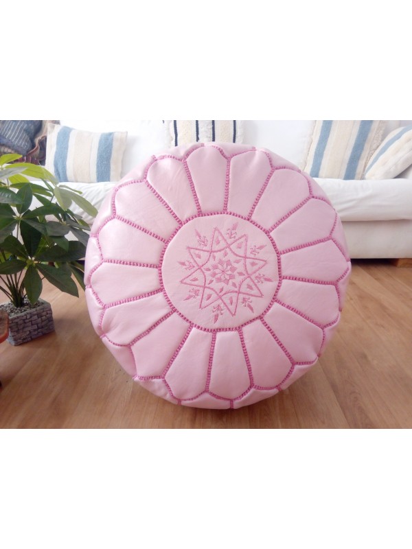 Moroccan pink  POUF white Stitching -  OttomanLeather - Unstuffed pouf