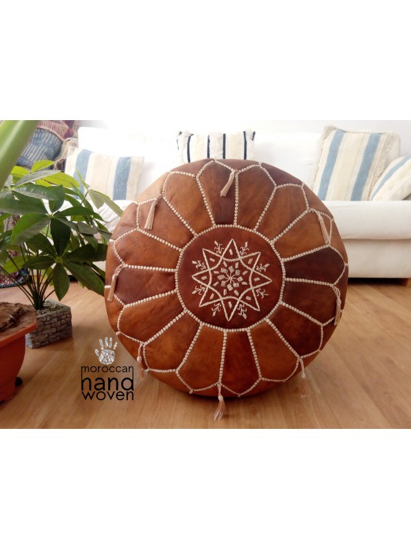 Moroccan oiled tan POUF - Ottoman with White Stitching