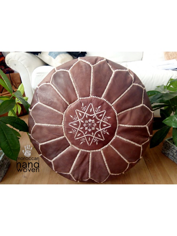 Moroccan POUF  with White Stitching - Dark Brown  -  Unstuffed pouf