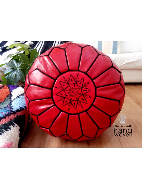 Moroccan Red POUF - with Black Stitching - Leather Pouf ottoman pouf
